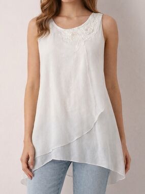 Papa Vancouver White Lace Chiffon Layered Tunic Blouse Boho Asymmetrical Hem